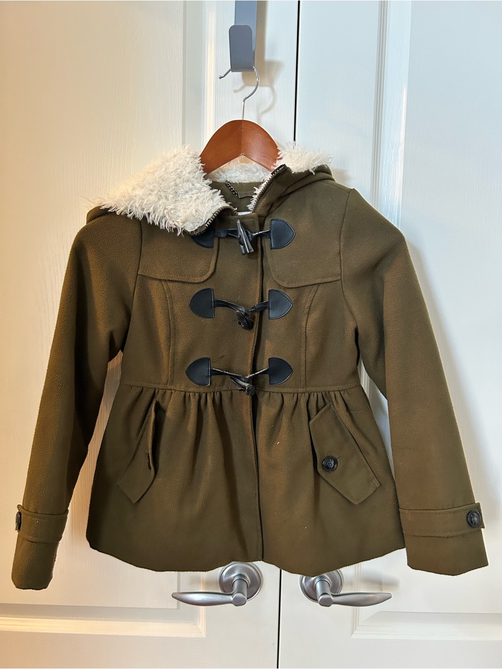 Jessica Simpson Olive Green Hooded Toggle Coat with Faux Fur Trim Size 8